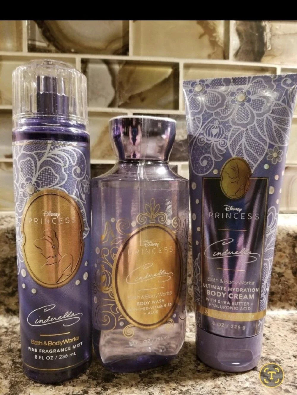 Bath & Body Works Cinderella Purple & Gold Body Wash, Mist & Cream Set